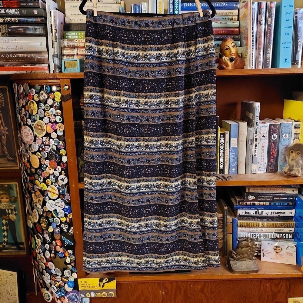 Vintage Joan Leslie Floral Striped Maxi Skirt Blue Tan Green 1990s Size 16